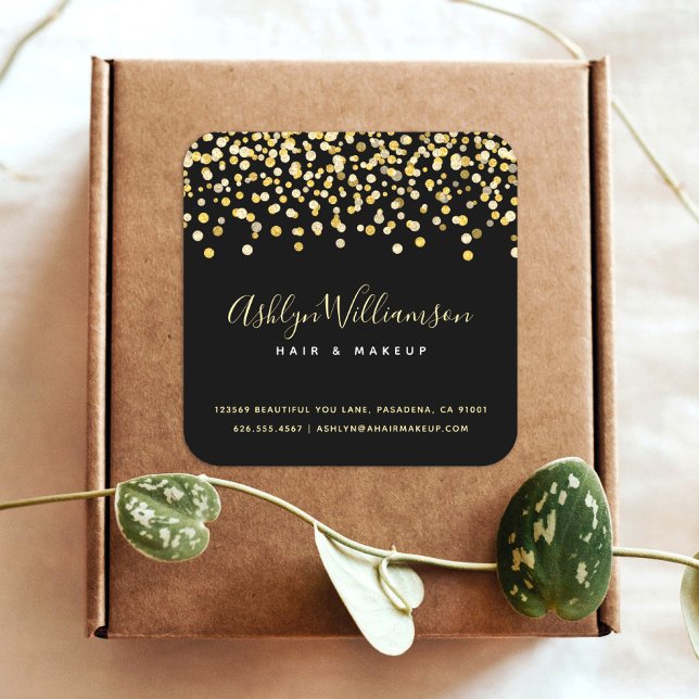Schwarzer goldener Glitzer dots Haarstylistin Make Quadratischer Aufkleber (Von Creator hochgeladen)