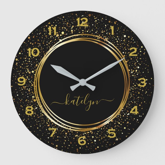 Schwarzer Goldener Glitzer Große Wanduhr (Vorderseite)