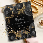 Schwarzer goldfarbener Glitzer glamouröser Name 20 Planer<br><div class="desc">Schwarzer Hintergrund mit Imitaten aus goldenem Glitzer und schwarzen Blumen mit goldenem Blattwerk. Der Name ist mit einem modernen handgeschriebenen Stilskript geschrieben. Personalisieren und fügen Sie Ihren Namen,  Titel und Jahr.</div>