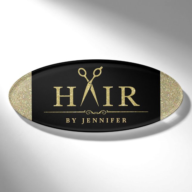 Schwarzer GoldGlitzer-Haar-Stylist Scissors Logo Namenschild (Vorderseite)