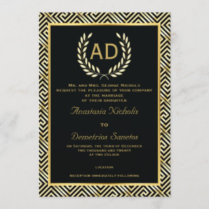 Schwarzer, goldgriechischer Schlüssel und Lorbeerk Einladung