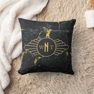 Schwarzer Goldmarmor Drei Buchstaben Monogram Art  Kissen
