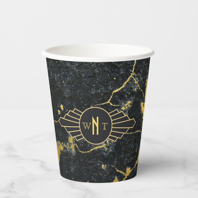 Schwarzer Goldmarmor Drei Buchstaben Monogram Art  Pappbecher (Vorderseite)