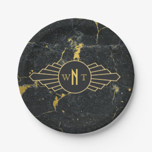 Schwarzer Goldmarmor Drei Buchstaben Monogram Art  Pappteller
