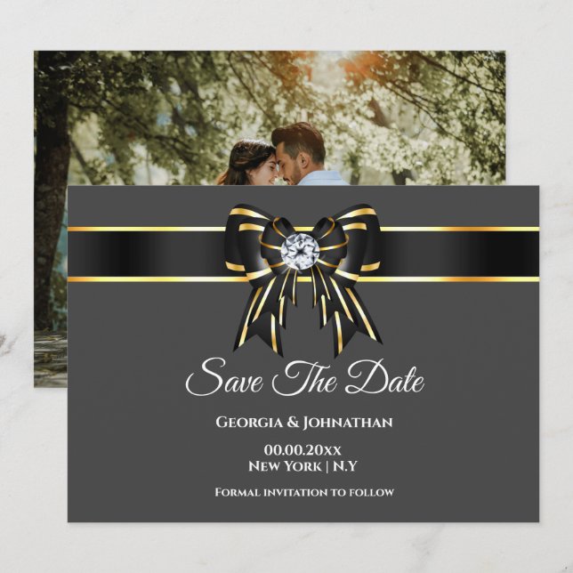 Schwarzer Goldsatin-Satin-Bogen-Diamant mit Foto Save The Date (Vorne/Hinten)