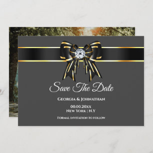 Schwarzer Goldsatin-Satin-Bogen-Diamant mit Foto Save The Date