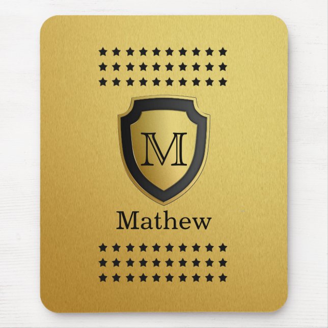 Schwarzer Goldschild Monogramm Name Stern Muster M Mousepad (Vorne)