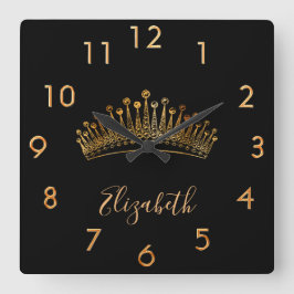 Schwarzer Goldtiara-Kronname elegant Quadratische Wanduhr