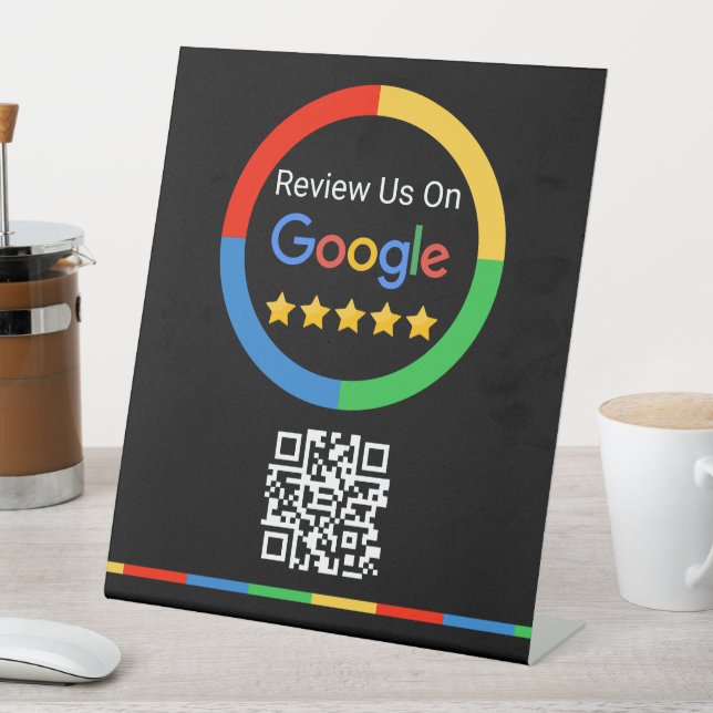 Schwarzer Google Review QR Code 5-Sterne Podest-Sc Sockelschild (In Situ)