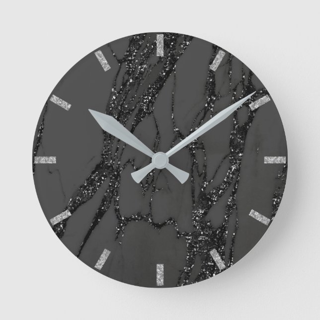 Schwarzer grauer MarmorierungGlitzer metallisches Runde Wanduhr (Vorderseite)