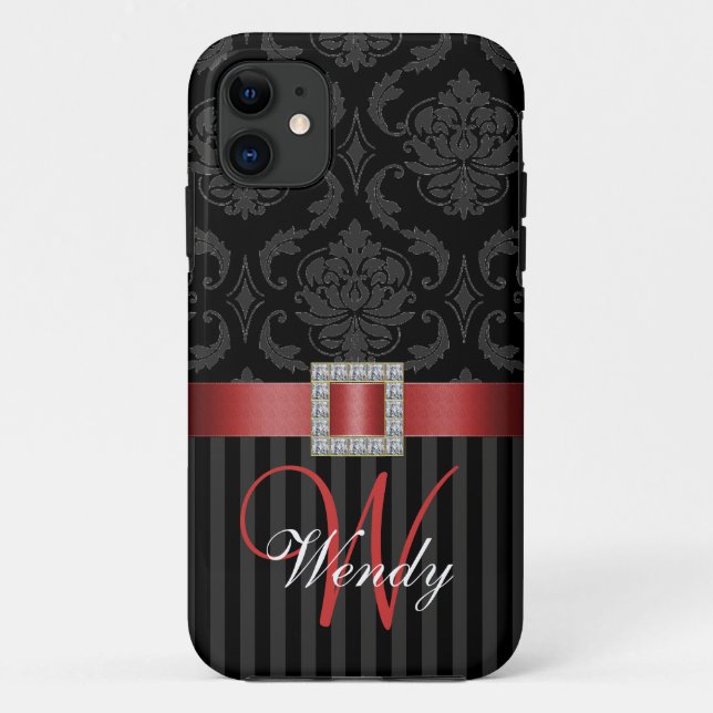 Schwarzer grauer roter Damast Stripes Muster Case-Mate iPhone Hülle (Rückseite)