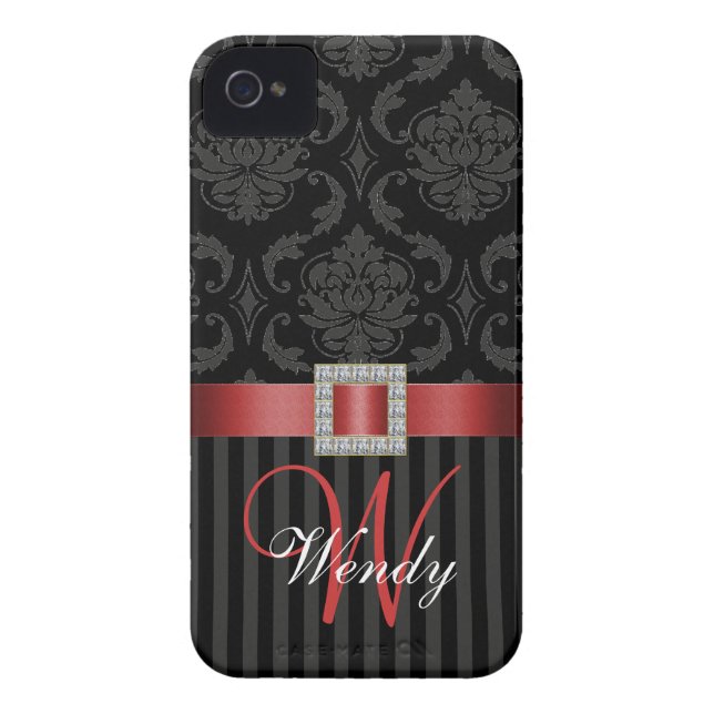 Schwarzer grauer roter Damast Stripes Muster Case-Mate iPhone Hülle (Rückseite)