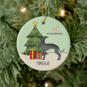Schwarzer Grauhund Hund mit einem Weihnachtsbaum Keramik Ornament