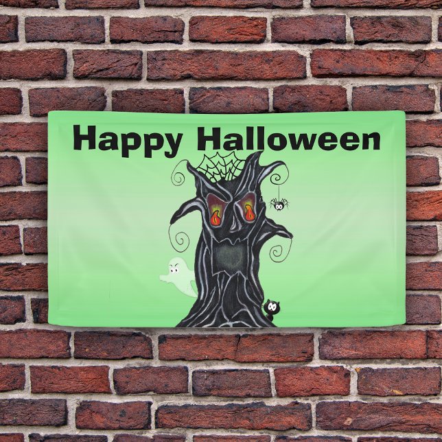 Schwarzer Halloween-Baum mit bösen Gesichtern Banner (Spooky black Tree, ghost, black cat on green Happy Halloween decoration banner.)