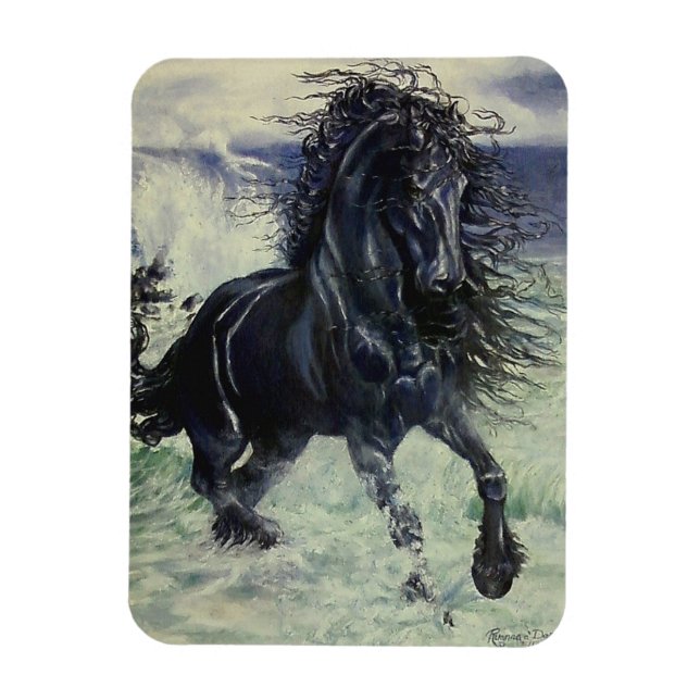 Schwarzer Hengst "Friesian Storm" im Ozean Magnet (Vertikal)