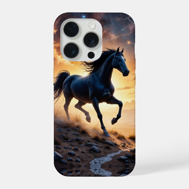 Schwarzer Hengst in der Wüste  iPhone 15 Pro Hülle (Rückseite)