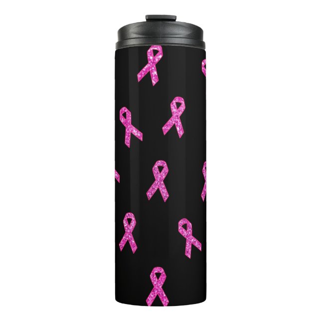 Schwarzer Hintergrund des rosa Ribbon-Glitzer Thermosbecher (Vorderseite)