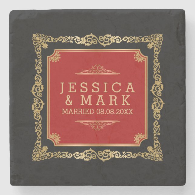 Schwarzer Hintergrund mit Verziertem Rahmen in Gol Steinuntersetzer (Vorderseite)