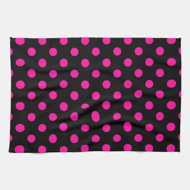 Schwarzer Hintergrund Pink Polka Dots Geschirrtuch (Horizontal)