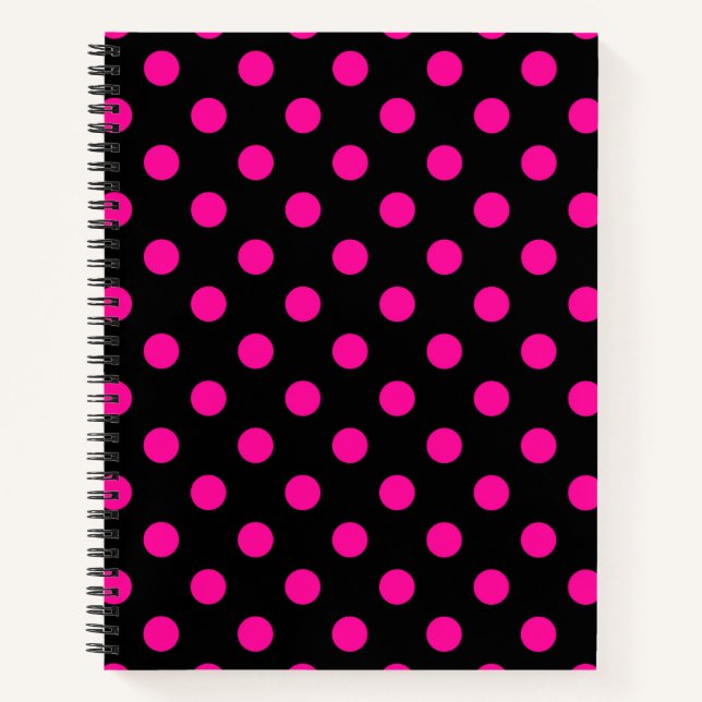 Schwarzer Hintergrund Pink Polka Dots Notizbuch (Vorderseite)