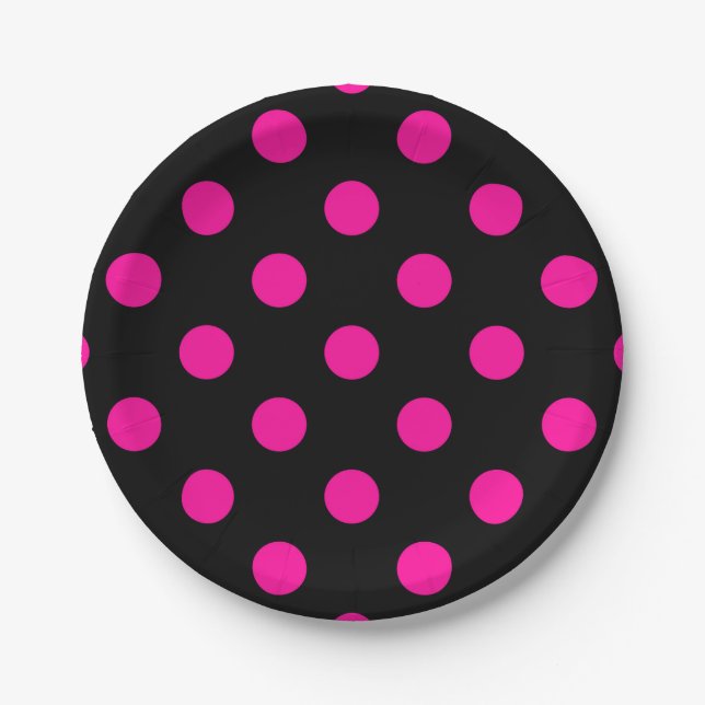 Schwarzer Hintergrund Pink Polka Dots Pappteller (Vorderseite)
