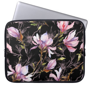 Schwarzer Hintergrund Rosa Magnolia Wasserfarbe Laptopschutzhülle