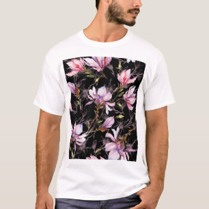 Schwarzer Hintergrund Rosa Magnolia Wasserfarbe T-Shirt