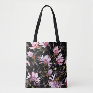 Schwarzer Hintergrund Rosa Magnolia Wasserfarbe Tasche