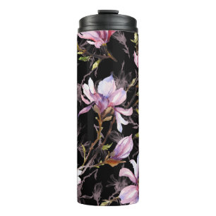 Schwarzer Hintergrund Rosa Magnolia Wasserfarbe Thermosbecher