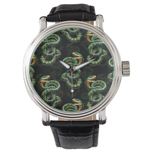Schwarzer Hintergrund Schlange Muster Design Armbanduhr (Vorderseite)