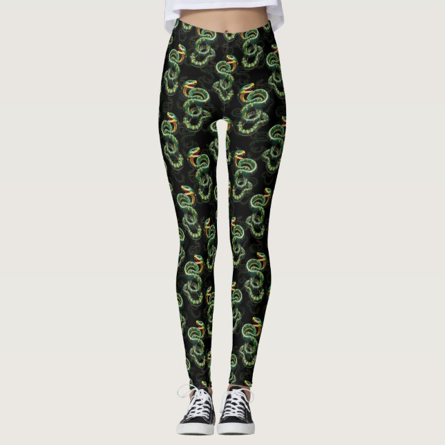 Schwarzer Hintergrund Schlange Muster Design Leggings (Vorderseite)