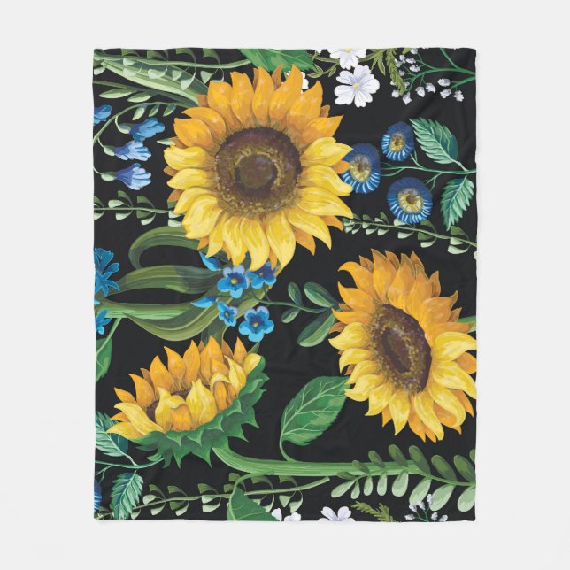 Schwarzer Hintergrund Sonnenblumenmuster Fleecedecke (Vorderseite)
