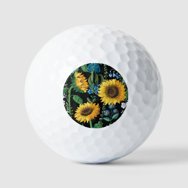 Schwarzer Hintergrund Sonnenblumenmuster Golfball (Vorderseite)