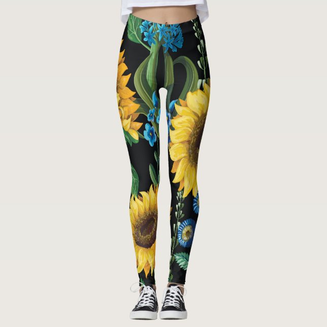 Schwarzer Hintergrund Sonnenblumenmuster Leggings (Vorderseite)