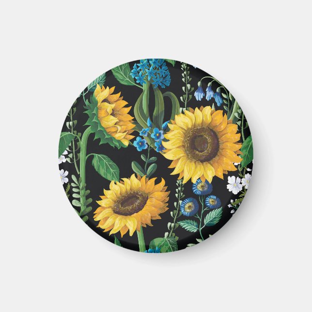 Schwarzer Hintergrund Sonnenblumenmuster Magnet (Vorne)