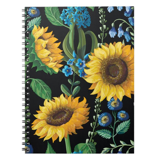 Schwarzer Hintergrund Sonnenblumenmuster Notizblock (Vorderseite)