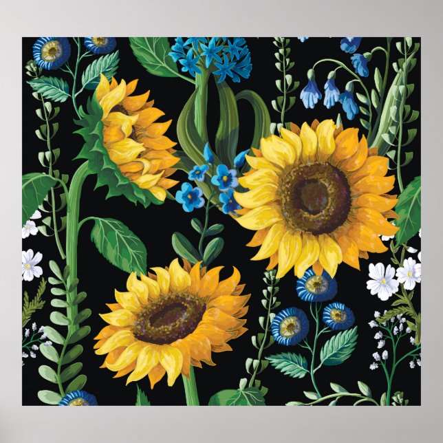 Schwarzer Hintergrund Sonnenblumenmuster Poster (Vorne)