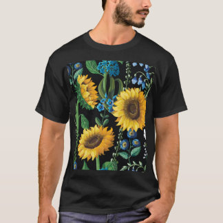 Schwarzer Hintergrund Sonnenblumenmuster T-Shirt