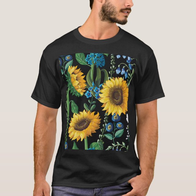 Schwarzer Hintergrund Sonnenblumenmuster T-Shirt (Vorderseite)