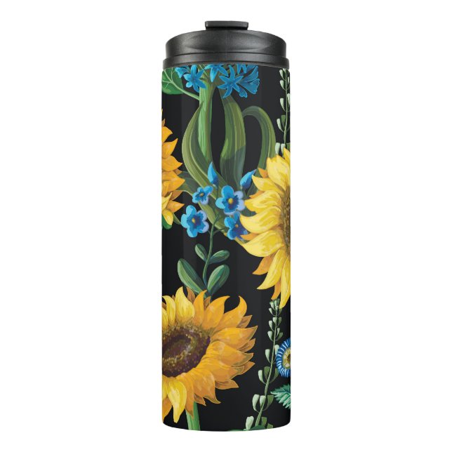 Schwarzer Hintergrund Sonnenblumenmuster Thermosbecher (Vorderseite)