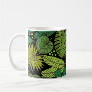 Schwarzer Hintergrund tropischer Blätter Kaffeetasse