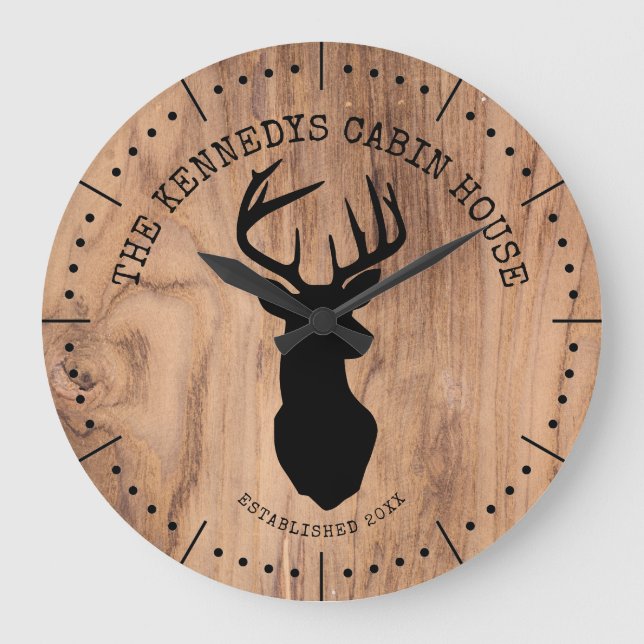 Schwarzer Hirsch Familienname Rustic Wood Cabin Ho Große Wanduhr (Vorderseite)