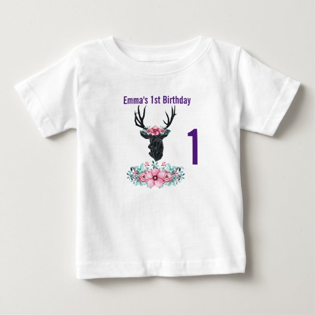 Schwarzer Hirschkopf mit rosa Blume Bouquet Geburt Baby T-shirt (Vorderseite)