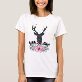 Schwarzer Hirschkopf mit rosa Blume Bouquet & Moun T-Shirt