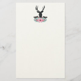 Schwarzer Hirschkopf mit rosa Blume und Berge Briefpapier