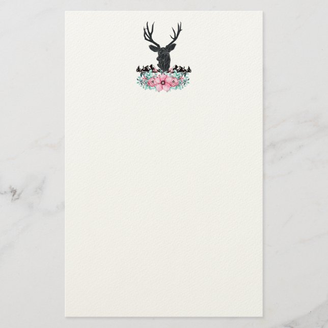 Schwarzer Hirschkopf mit rosa Blume und Berge Briefpapier (Vorderseite)