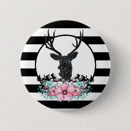 Schwarzer Hirschkopf mit rosa Blume und Berge Button