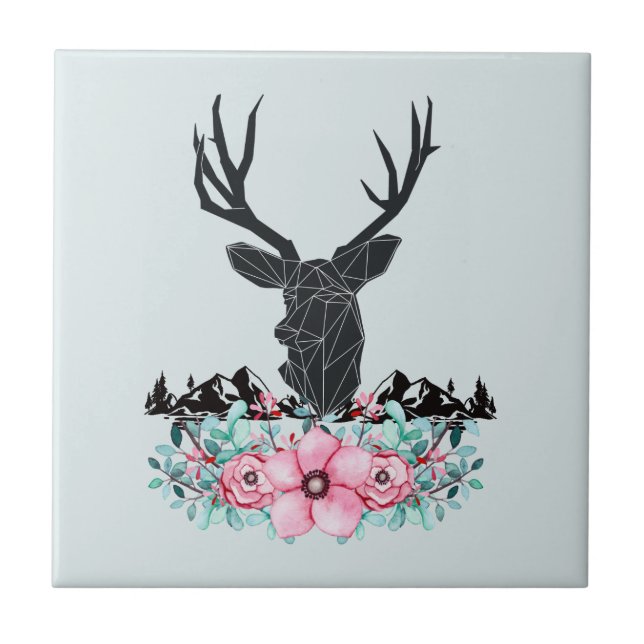 Schwarzer Hirschkopf mit rosa Blume und Berge Fliese (Vorderseite)