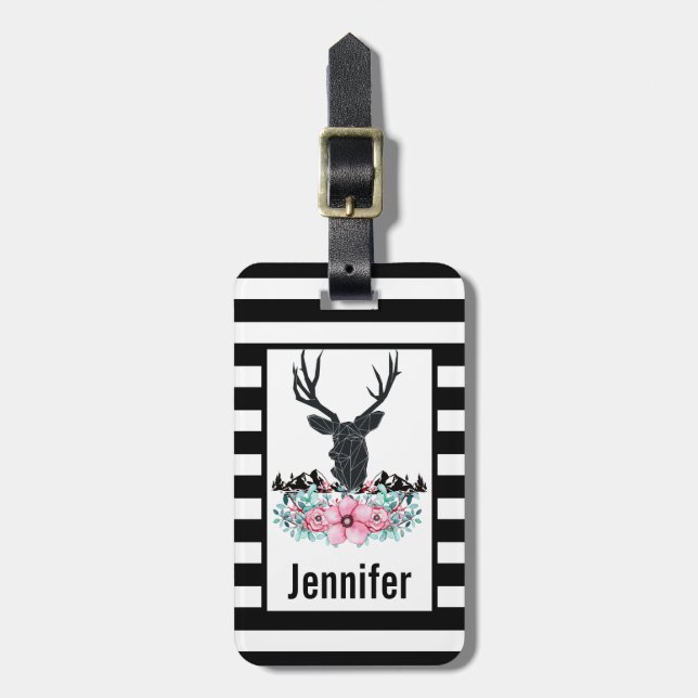Schwarzer Hirschkopf mit rosa Blume und Berge Gepäckanhänger (Vorderseite vertikal)