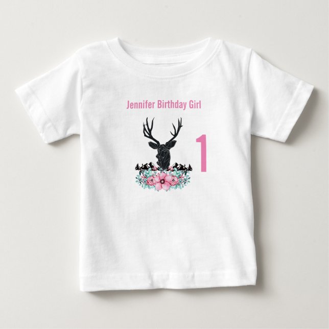Schwarzer Hirschkopf Rosa Blume & Gebirge Geburtst Baby T-shirt (Vorderseite)